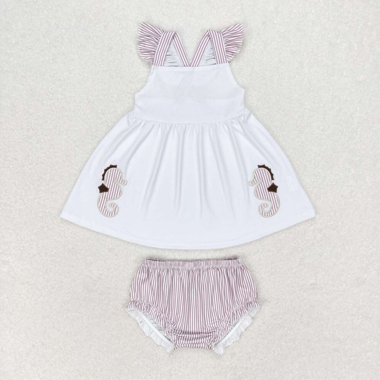 GBO0350 Sea Horse Embroidery Top Stripes Shorts Baby Girls Summer Bummie Set