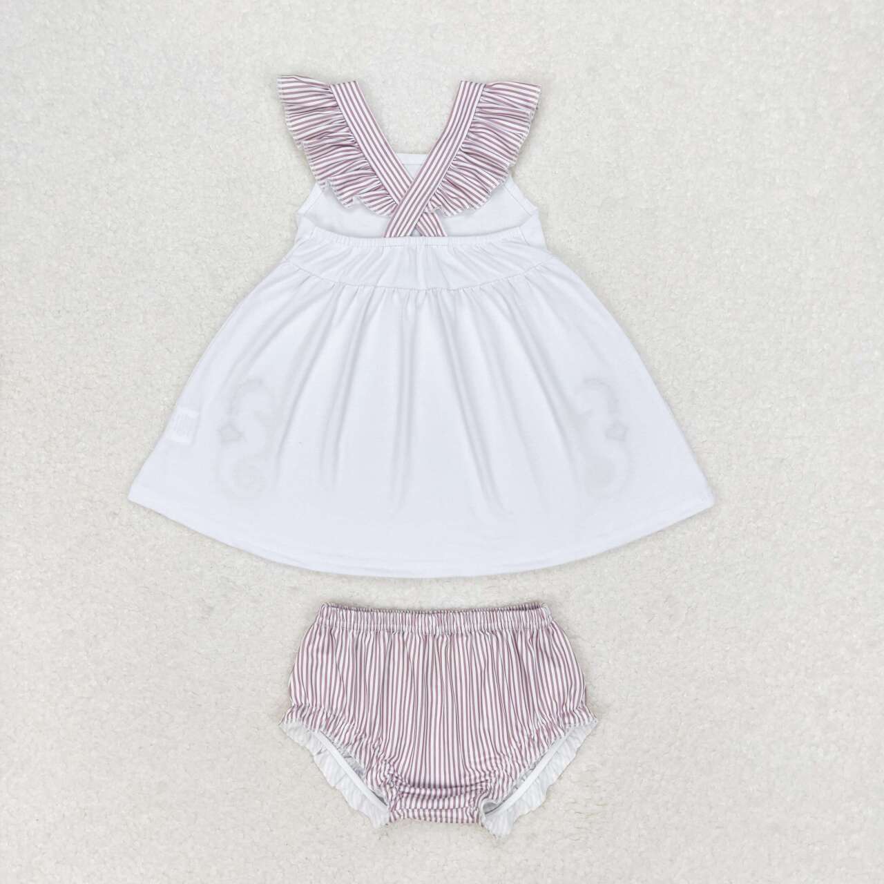 GBO0350 Sea Horse Embroidery Top Stripes Shorts Baby Girls Summer Bummie Set