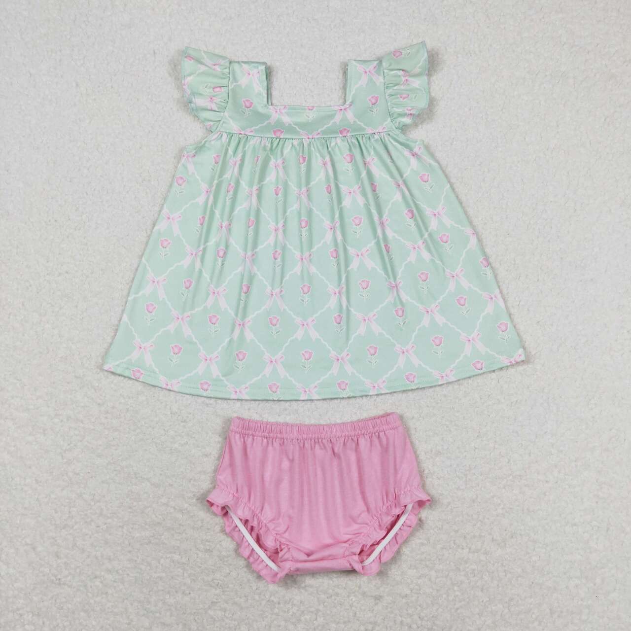 GBO0353 Green Flowers Top Pink Shorts Baby Girls Summer Bummie Set