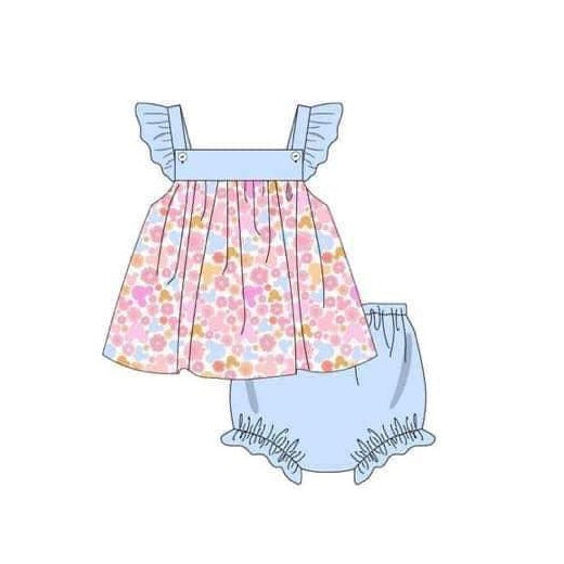 (Pre-order)GBO0377 Cartoon Mouse Top Blue Shorts Baby Girls Summer Bummie Sets