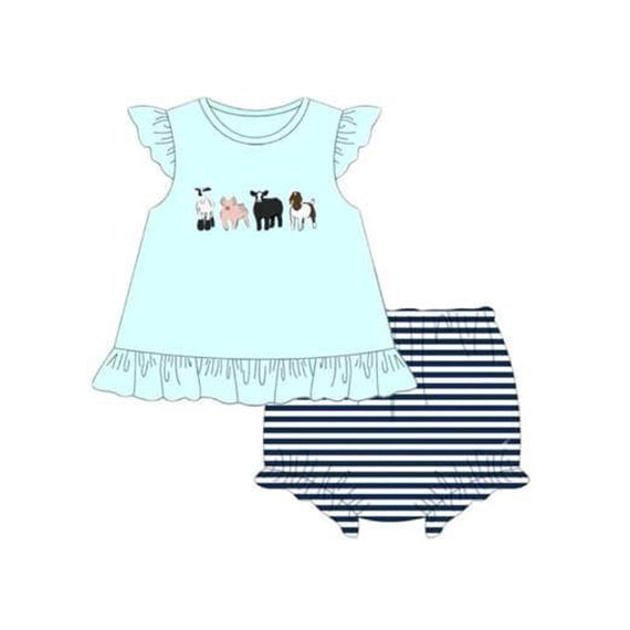 (Pre-order)GBO0384 Farm Animals Print Baby Girls Summer Bummie Sets