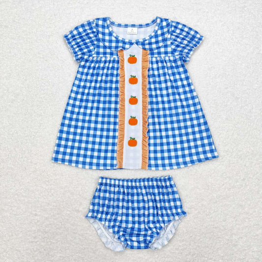 GBO0431 Pumpkin Embroidery Blue Plaid Tunic Top Shorts Baby Girls Fall Bummie Set