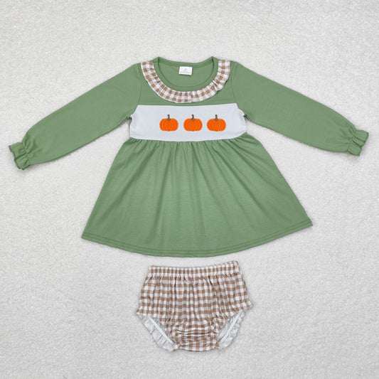 GBO0434 Pumpkin Embroidery Green Tunic Top Plaid Shorts Baby Girls Fall Bummie Set