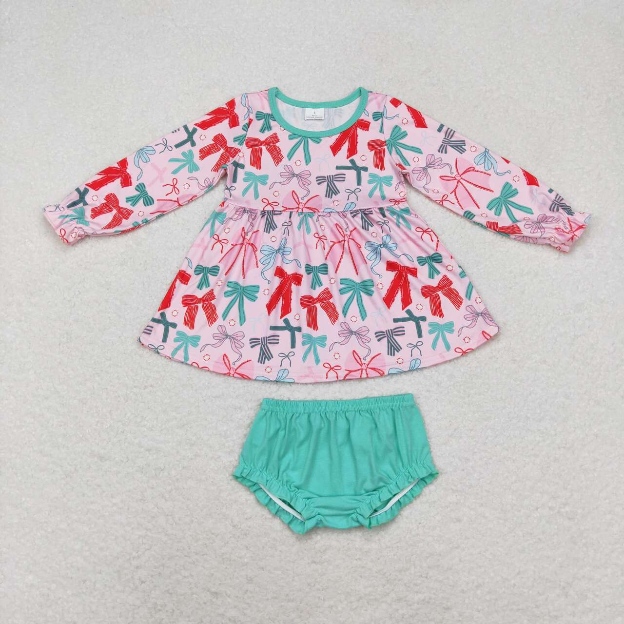 GBO0437 Red Green Bows Tunic Top Green Shorts Baby Girls Christmas Bummie Set