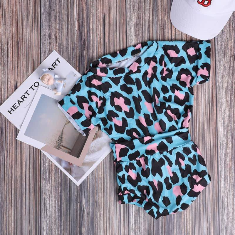 (Pre-order)GBO0448 Blue Pink Leopard Print Baby Girls Summer Bummie Set