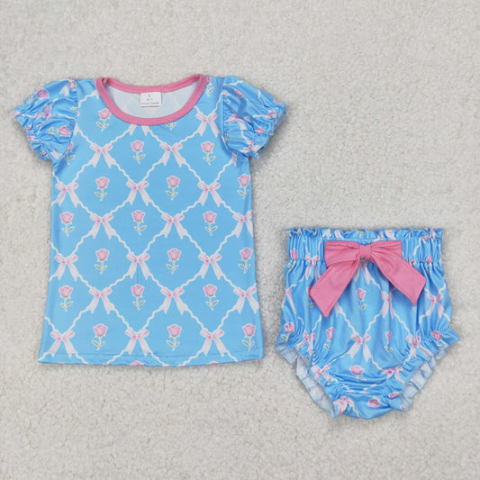 GBO0461 Flowers Bows Blue Print Baby Girls Summer Bummie Set