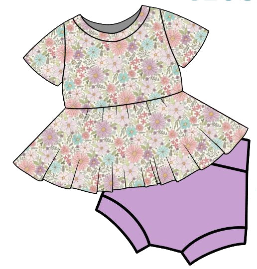 (Pre-order)GBO0468 Flowers Tunic Top Purple Shorts Baby Girls Summer Bummie Set