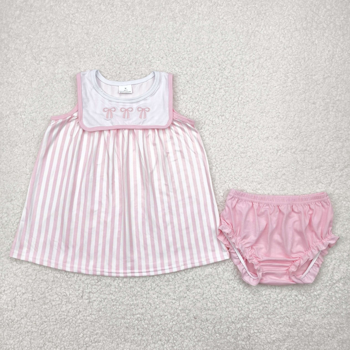 GBO0476 Bows Embroidery Stripes Tunic Top Pink Shorts Baby Girls Summer Bummie Set