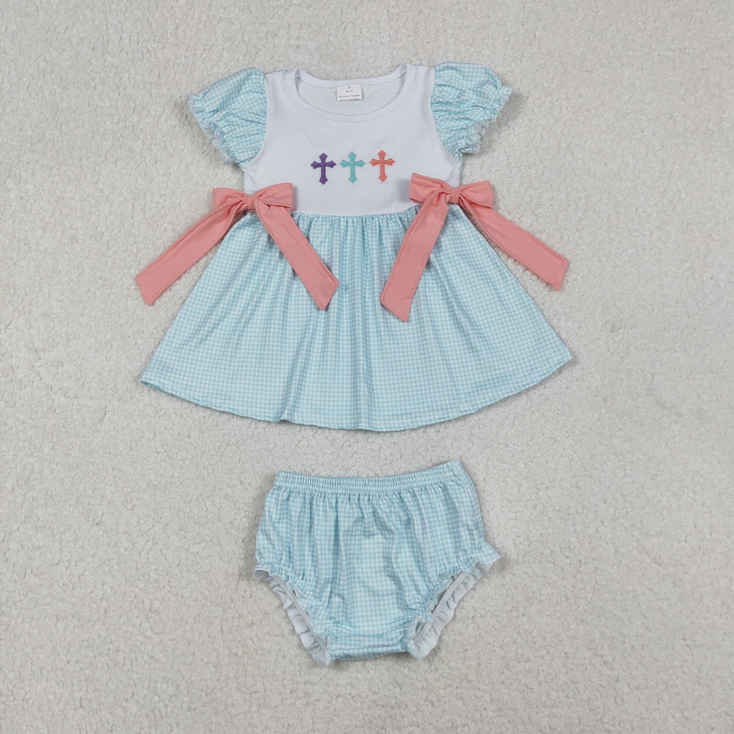 GBO0480 Cross Embroidery Tunic Top Blue Shorts Baby Girls Easter Bummie Set