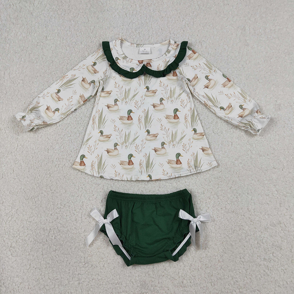 GBO0482 Duck Tunic Top Green Shorts Baby Girls Bummie Set