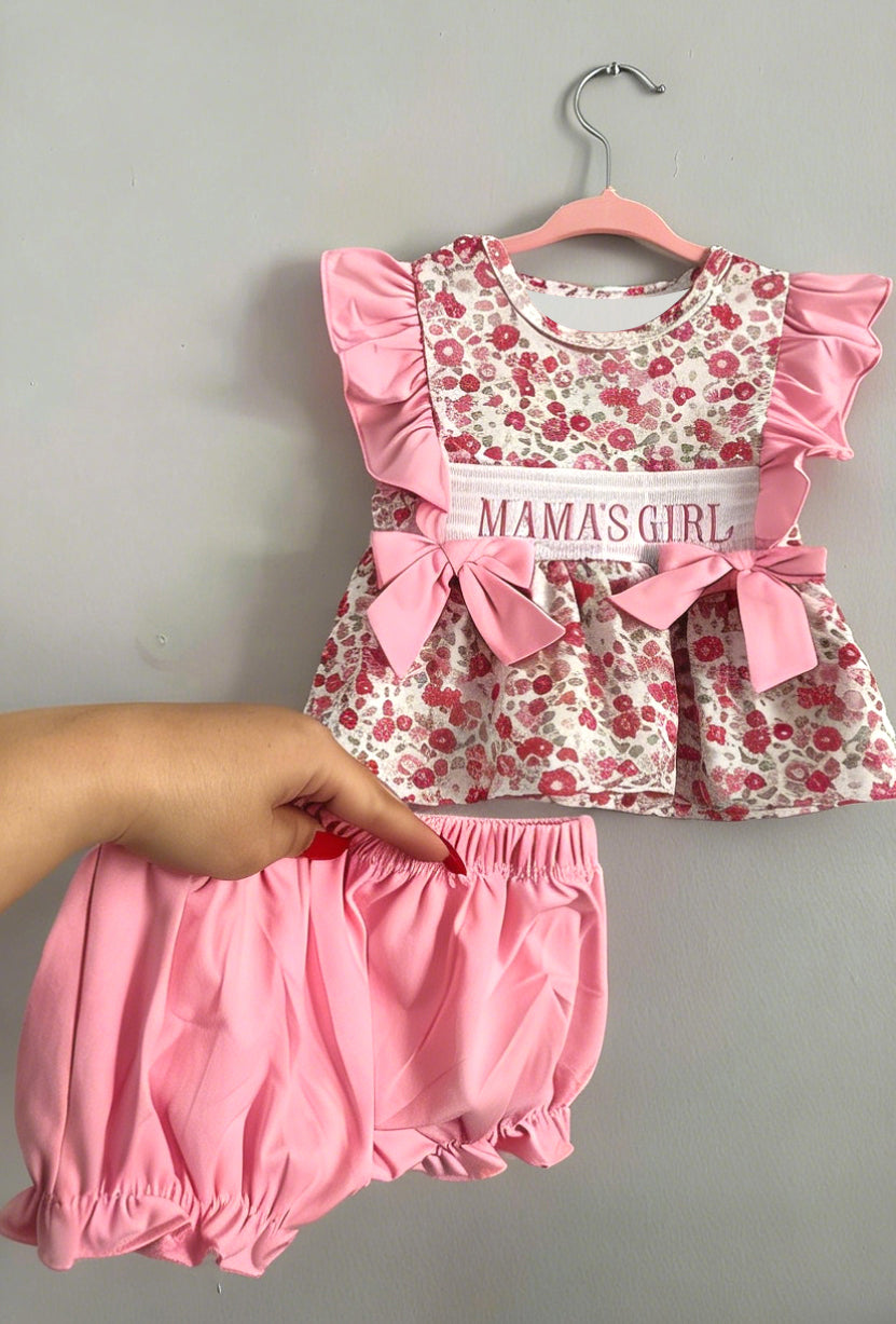 (Pre-order)GBO0500 MAMAS GIRL Flowers Tunic Top Pink Shorts Baby Girls Summer Bummie Set