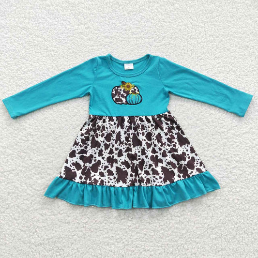 GLD0211 Blue long sleeve cow print pumkin embroidery dress