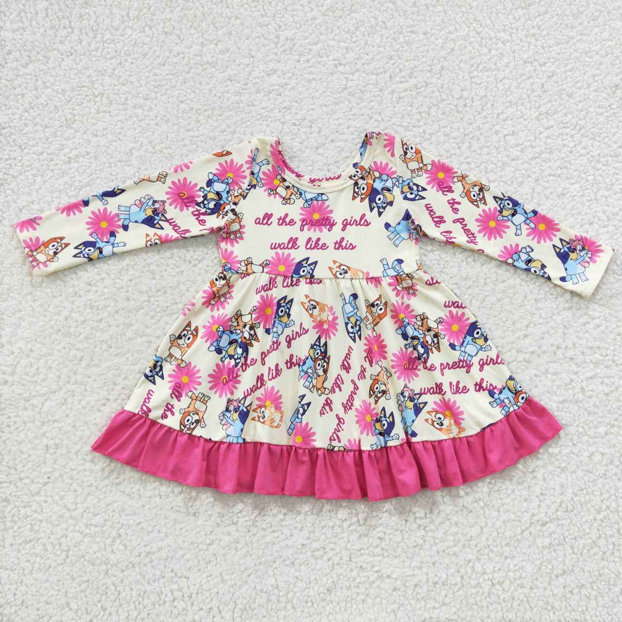 GLD0214 Girls long sleeve pink cartoon dog knee length dress
