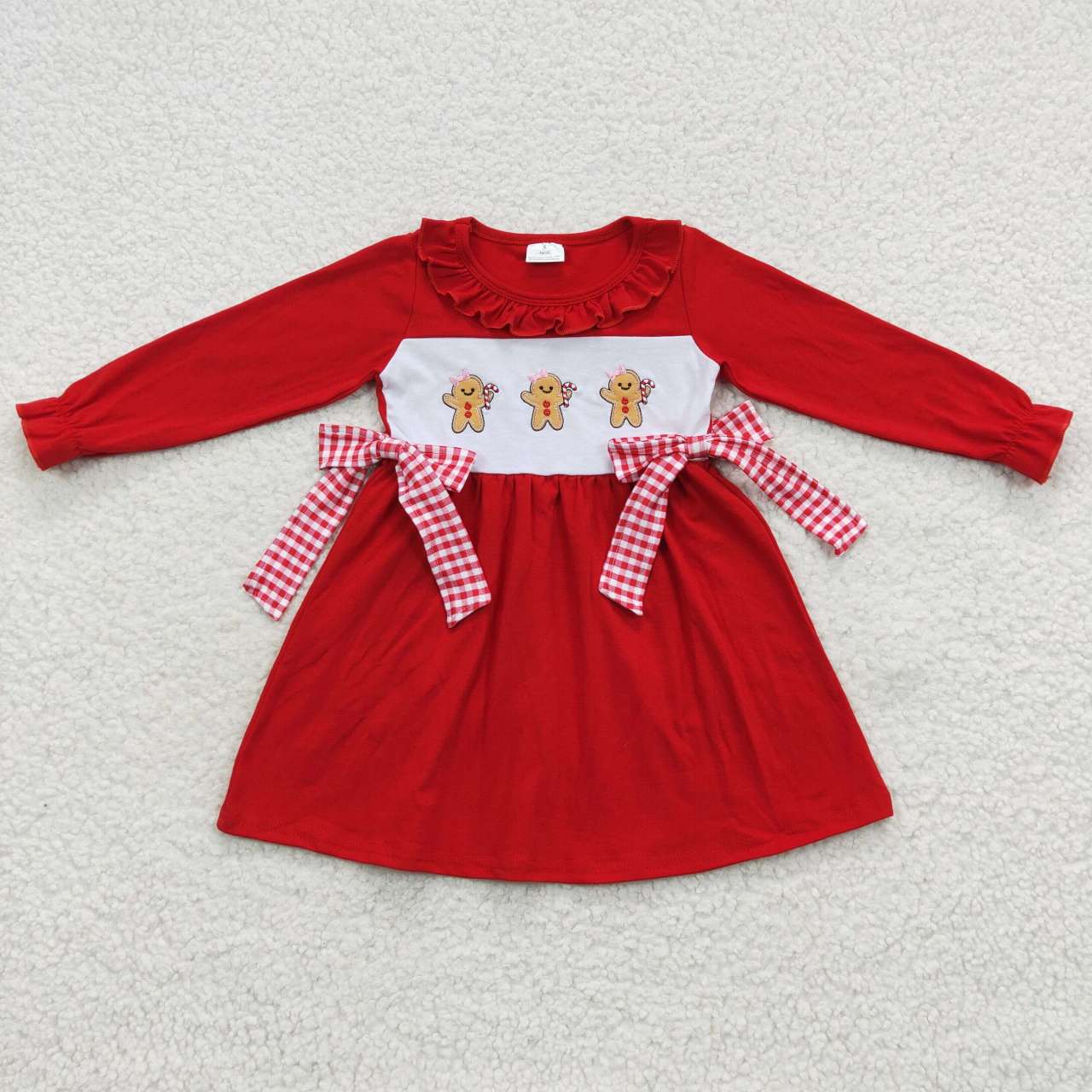 GLD0218 Girls Gingerbread embroidery red Christmas dress