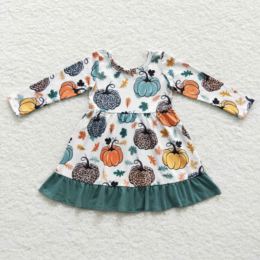 GLD0223  Girls ruffle fall pumpkin knee length dress