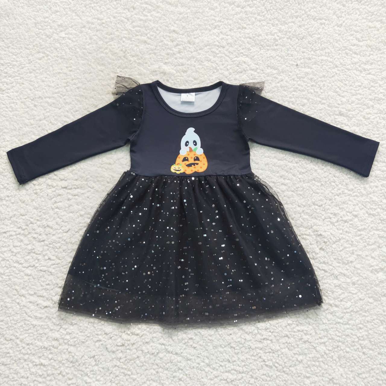 GLD0224 Girls Halloween pumpkin black knee length tulle dress