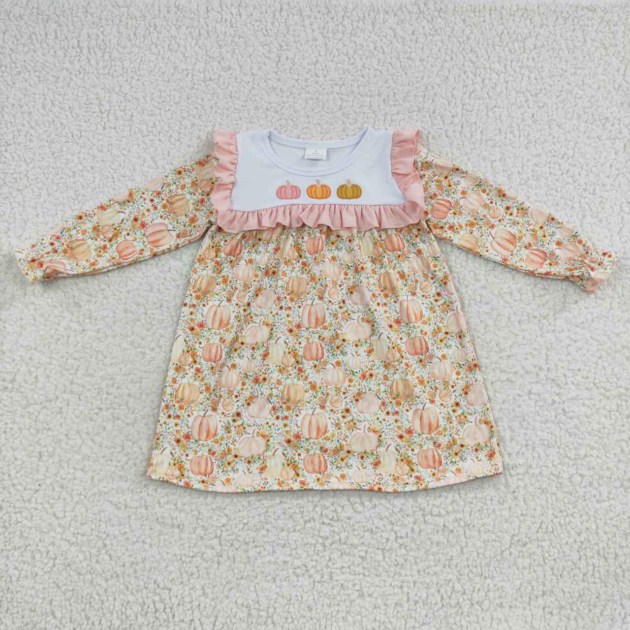 GLD0238 Girls flowers pumpkin embroidery fall knee length dress