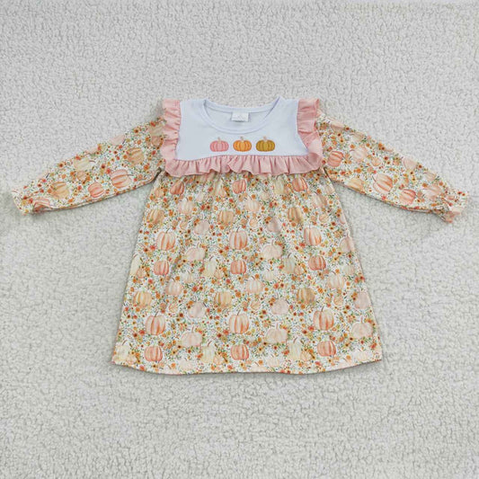 GLD0238  Girls flowers pumpkin embroidery fall knee length dress