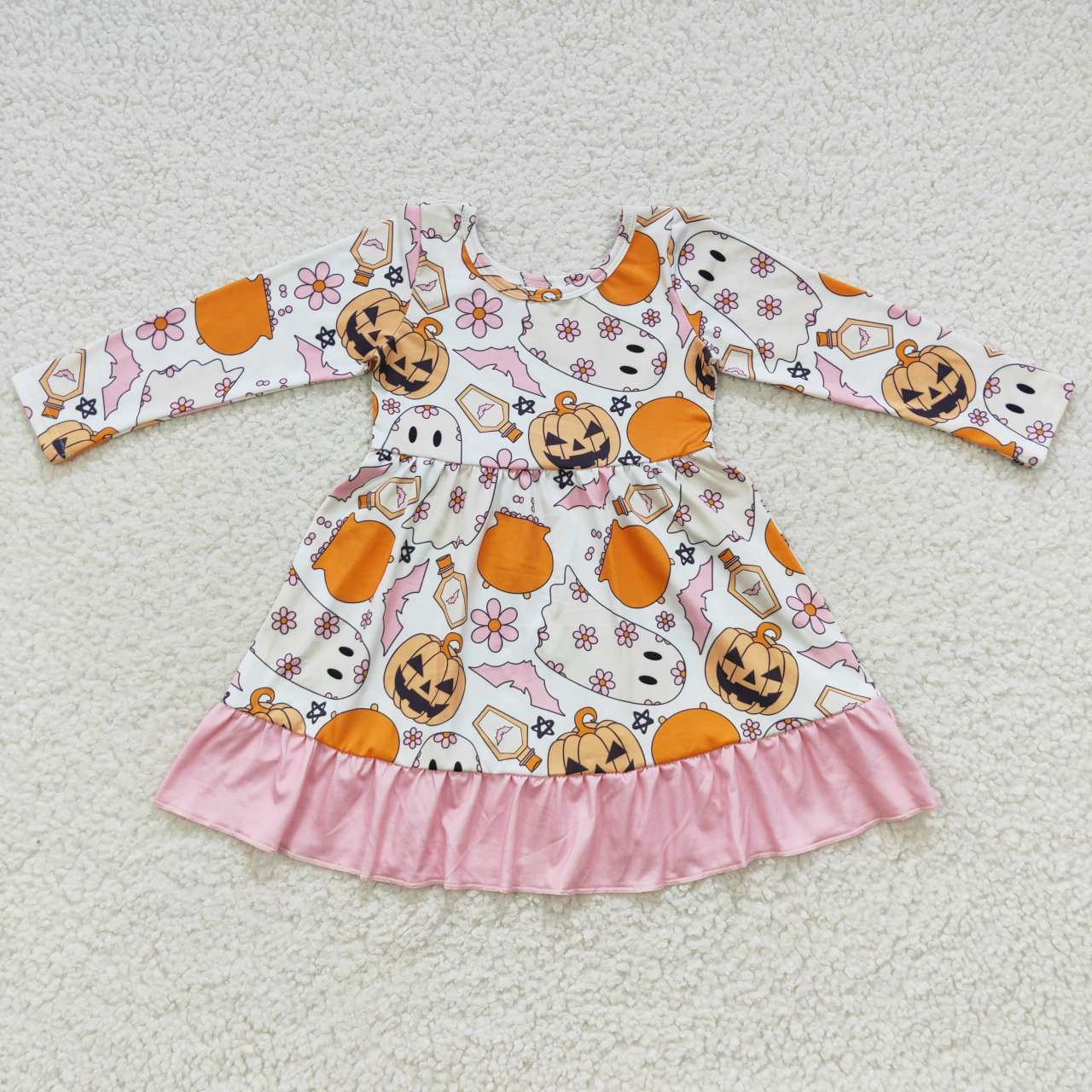 GLD0244 Pink flowers pumpkin ghost girls Halloween knee length dress