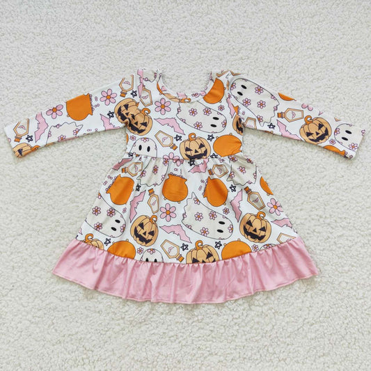 GLD0244 Pink flowers pumpkin ghost girls Halloween knee length dress
