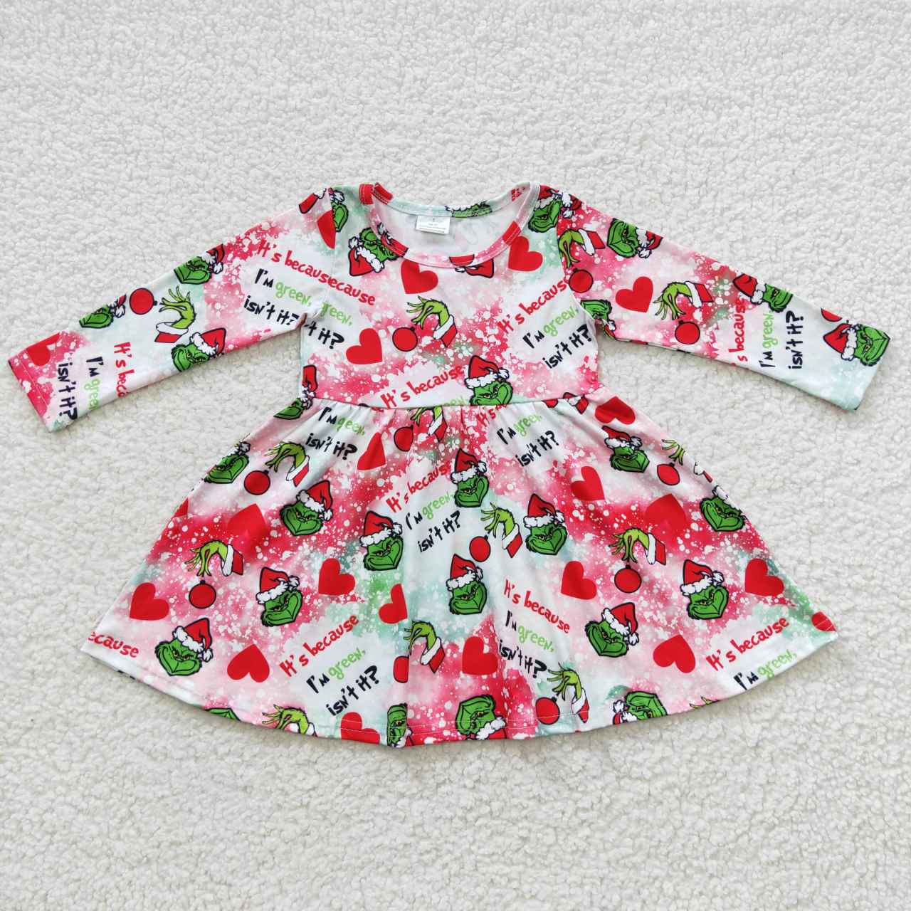 (Promotion)GLD0257 Green Frog Tie-dye Print Girls Christmas Knee Length Dress