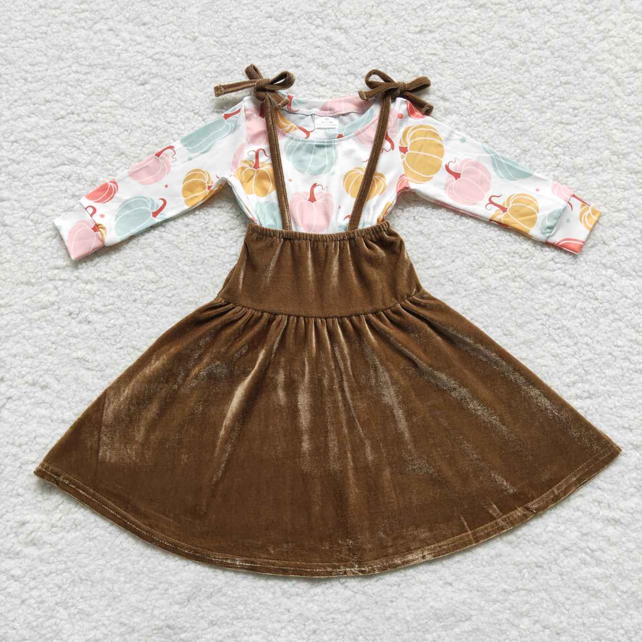 GLD0289 Pumpkin top velvet skirt girls fall clothing sets