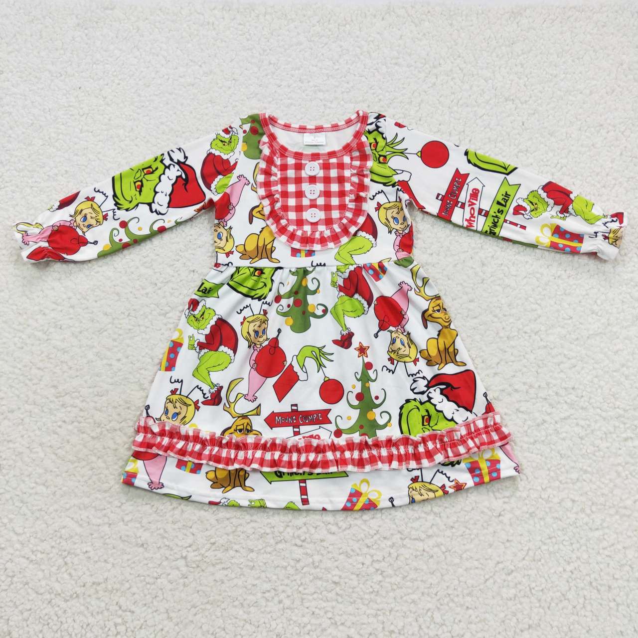 GLD0297 Christmas green frog print girls ruffle knee length dress