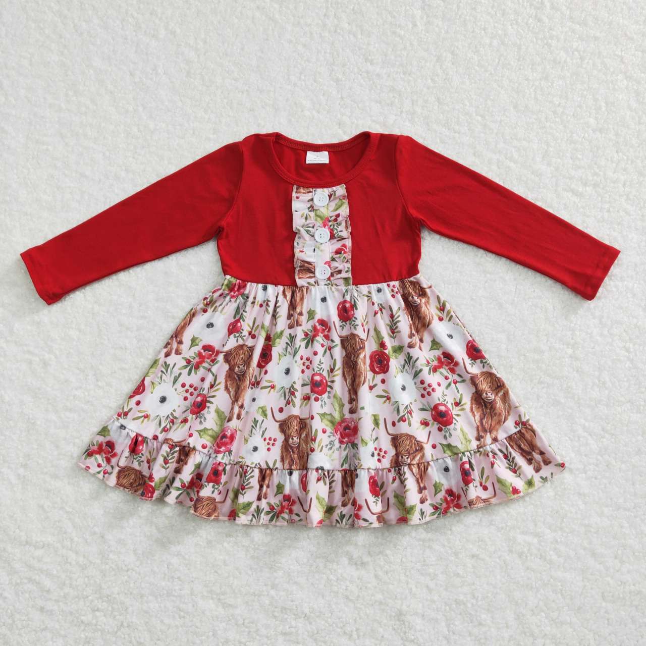 GLD0322 Highland Cow Red Flowers Print Knee Length Dress