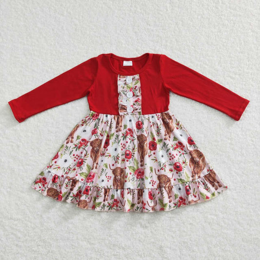GLD0322 Highland Cow Red Flowers Print Knee Length Dress