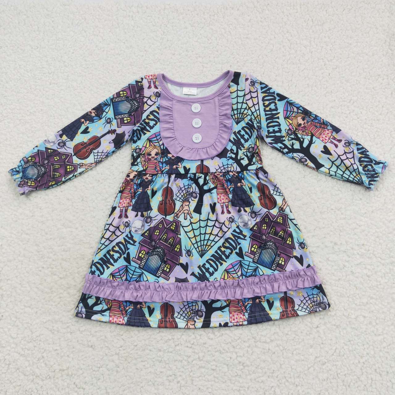 GLD0329 Purple Wednesday movie print Halloween knee length dress