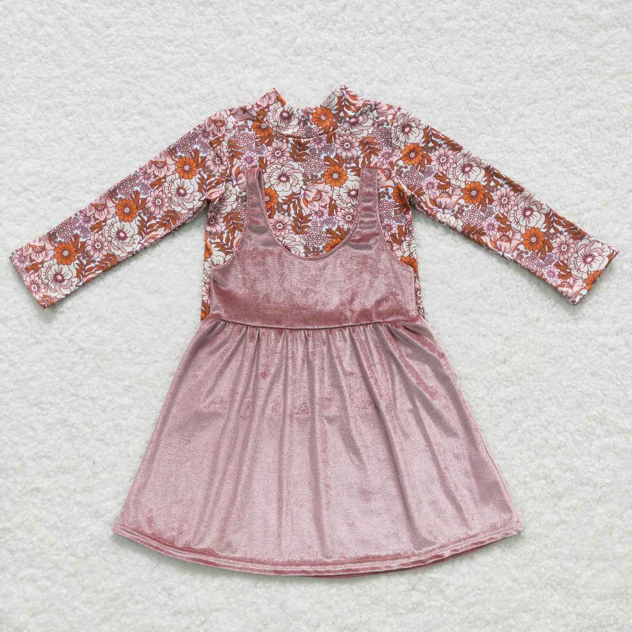 GLD0334 Flowers top brown velvet overall knee length skirts girls fall clothes set