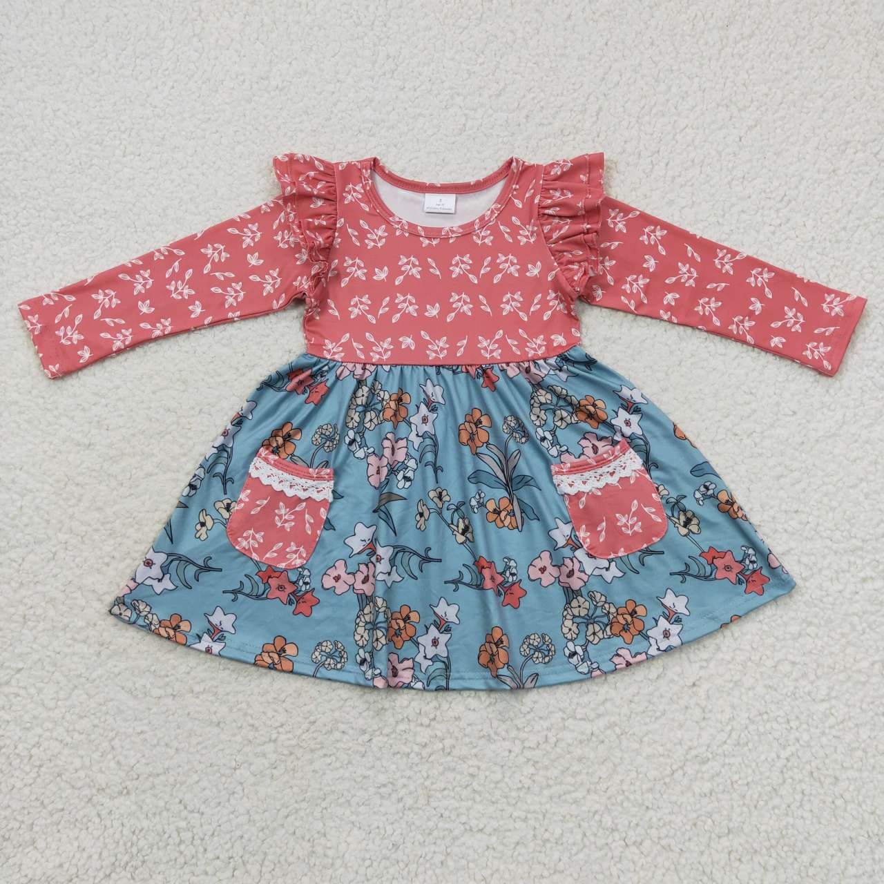 GLD0338 Girls flowers print pockets knee length dress