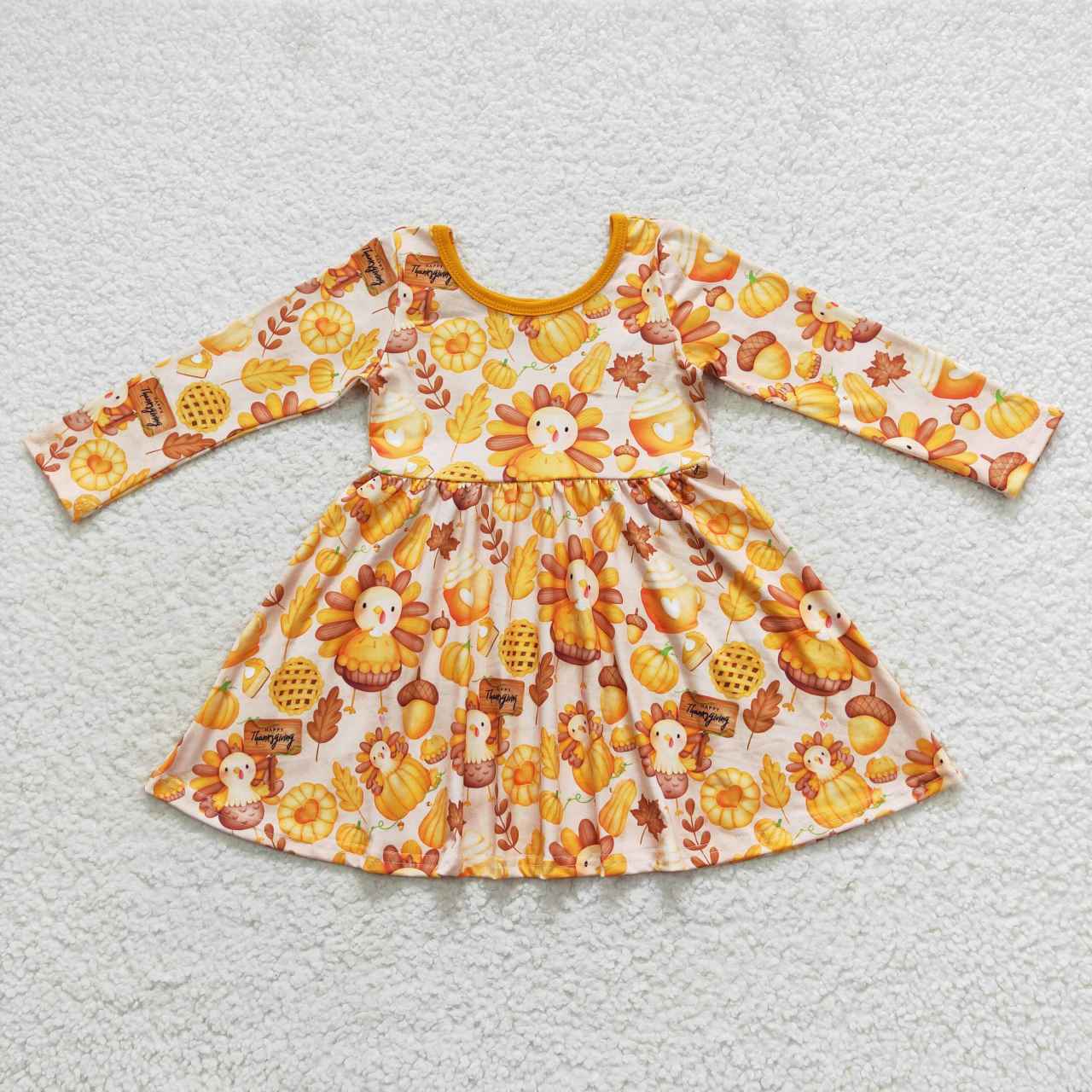 GLD0344 Fall turkey pumpkin print knee length dress