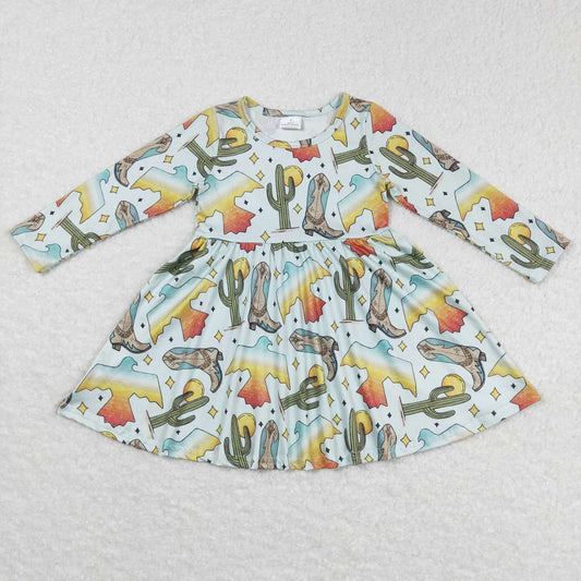 (Promotion)GLD0349 Boots Cactus Print Knee Length Western Dress