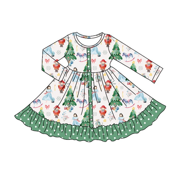 (Pre-order) GLD0373 Christmas soldier tree print girls knee length dress