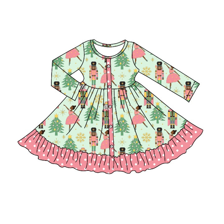 (Pre-order) GLD0374 Christmas soldier tree print girls pink ruffle knee length dress