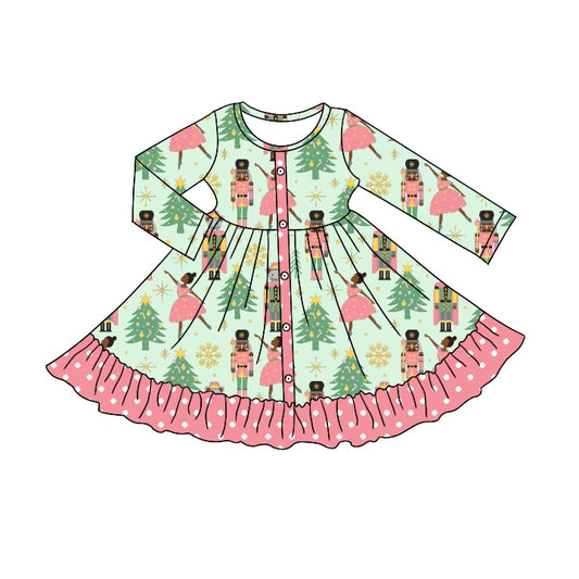 (Pre-order) GLD0374 Christmas soldier tree print girls pink ruffle knee length dress