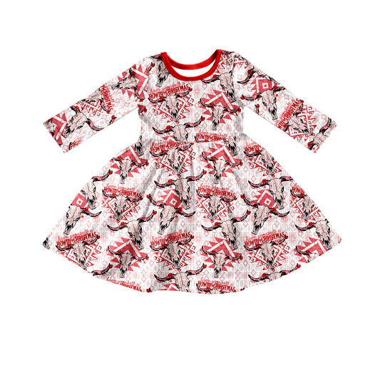 (Pre-order) GLD0380 Red cow skull aztec print girls knee length dress