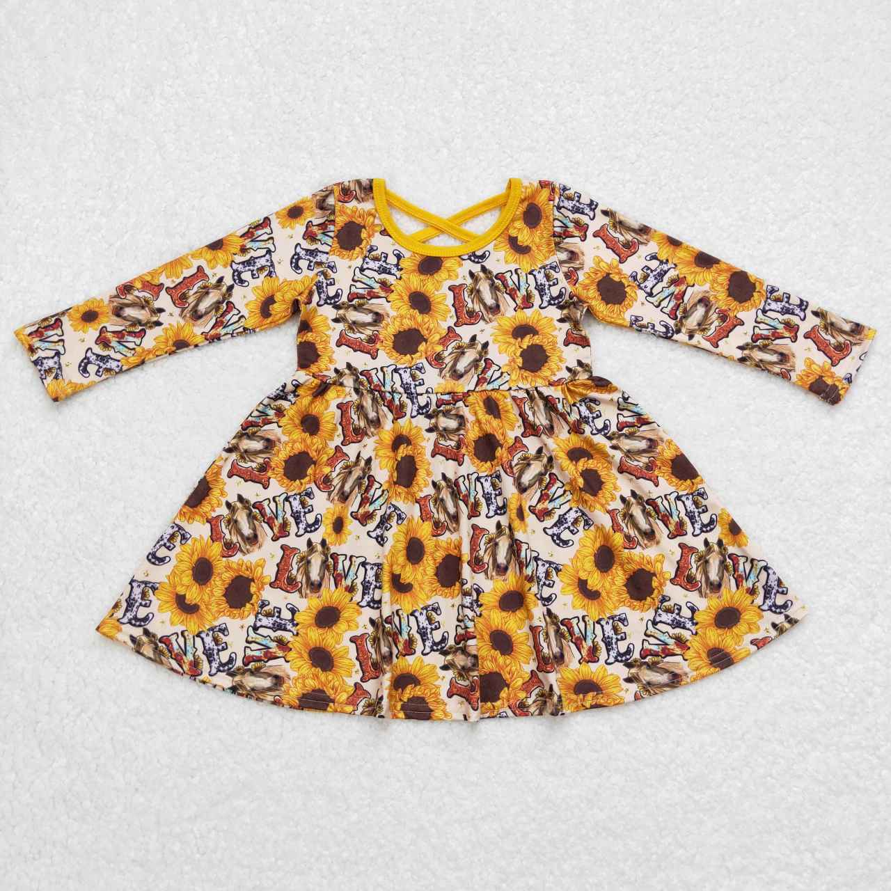 (Promotion)GLD0393 Mustard Sunflowers Horse Print Girls Knee Length Western Dress