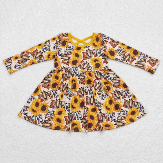 (Promotion)GLD0393 Mustard Sunflowers Horse Print Girls Knee Length Western Dress