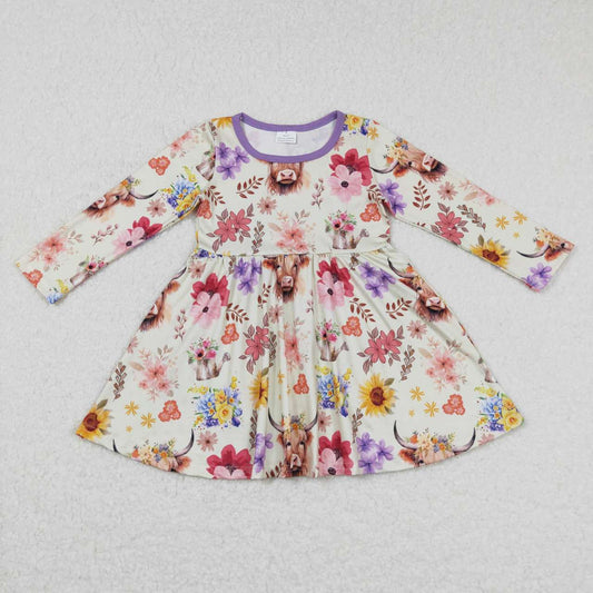 (Promotion)GLD0399 Highland Cow Flowers Print Girls Knee Length Dress