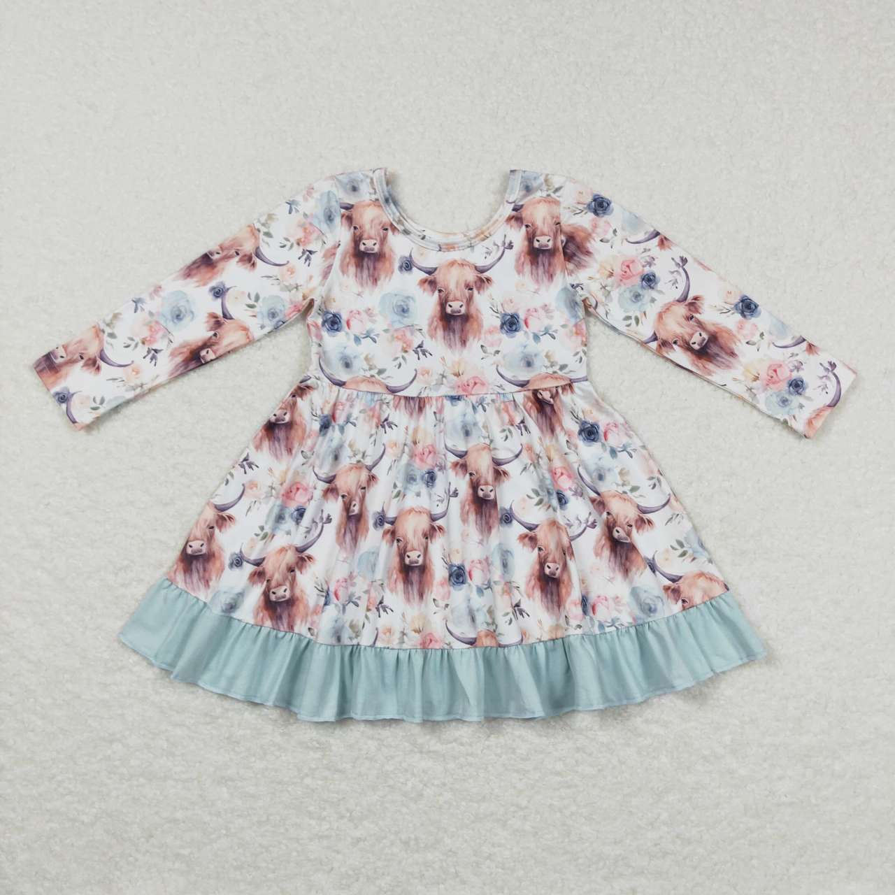 (Promotion)GLD0412 Highland Cow Flowers Girls Knee Length Western Dress