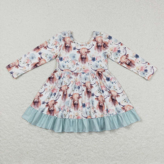 (Promotion)GLD0412 Highland Cow Flowers Girls Knee Length Western Dress