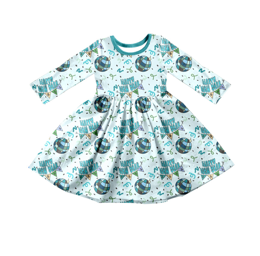 (Pre-order) GLD0414 Blue Happy New Year Girls Knee Length Dress