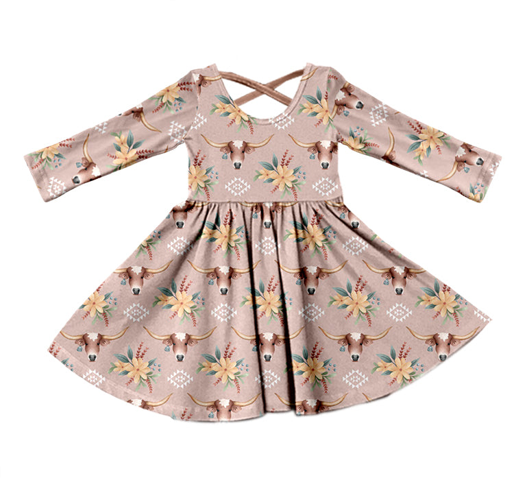 (Pre-order) GLD0417 Highland Cow Aztec Flowers Print Girls Knee Length Dress