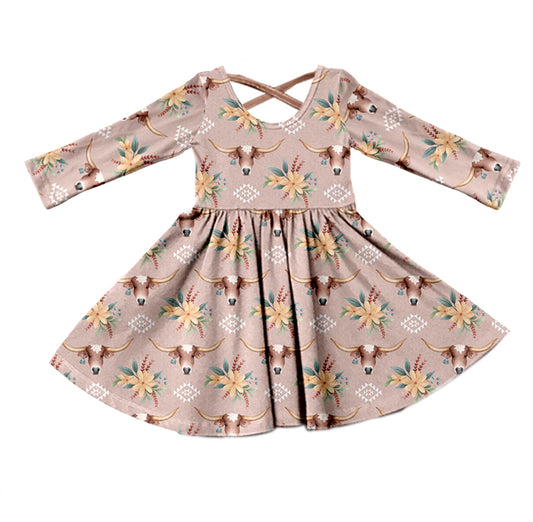 (Pre-order) GLD0417 Highland Cow Aztec Flowers Print Girls Knee Length Dress