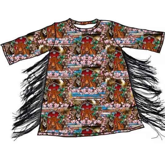 (Pre-order) GLD0419 Cow Flowers Print Girls Tassels Knee Length Dress