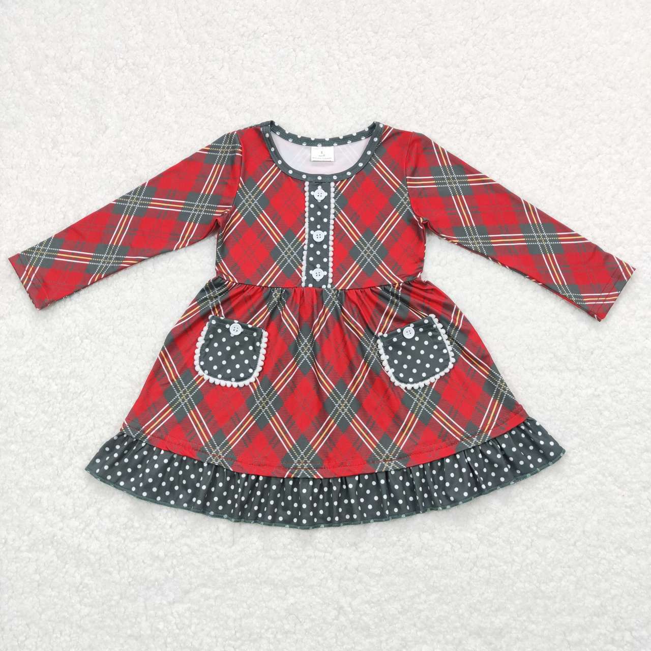 GLD0424 Red Green Plaid Print Girls Christmas Knee Length Dress