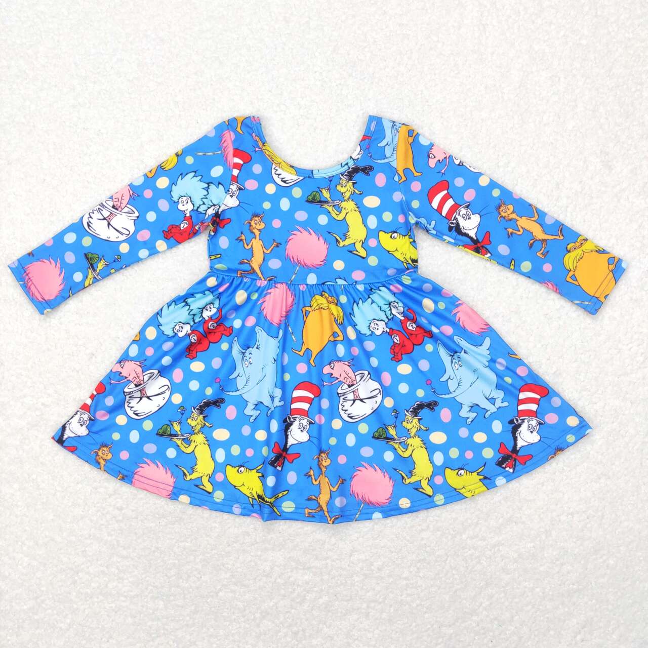 GLD0458 Blue Cartoon Cat Dr. Reading Print Girls Knee Length Dress
