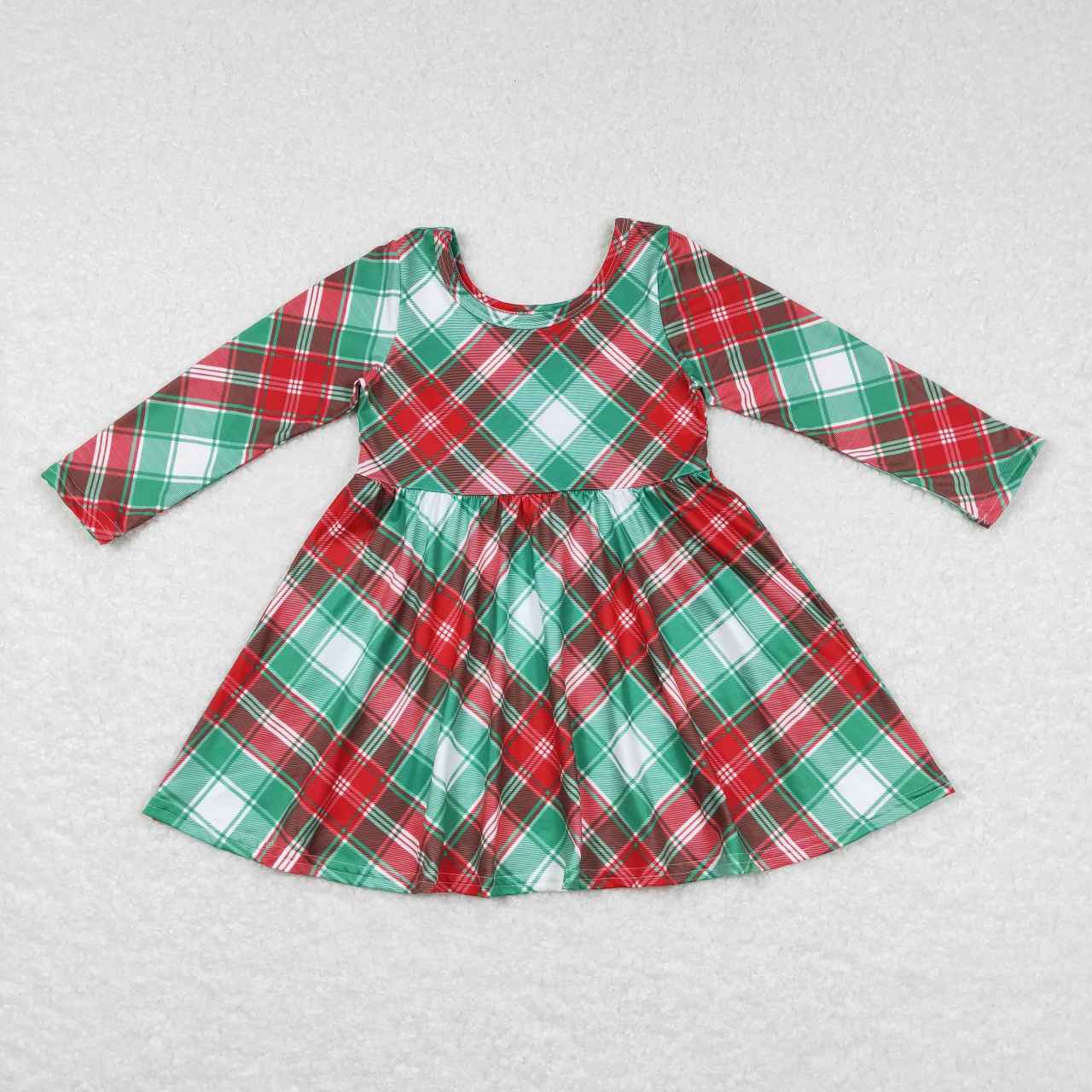 GLD0462 Red Green Plaid Print Girls Christmas Knee Length Dress